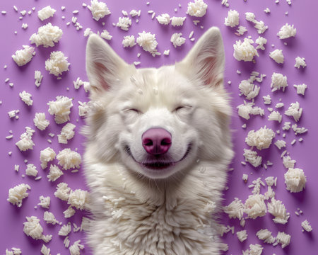 Adorable Fluffy White Dog Relaxing Amidst Flower Petals on Vibrant Purple Background, Smiling Contentedly With Closed Eyes, Cute Pet Portrait Celebrating Joy and Tranquility in Captivating Photo AI Generativeの素材