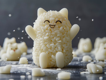 Adorable Rice Art Cute Cat Shaped Rice Figurines Bringing Kawaii Charm to Your Culinary Creations AI Generativeの素材