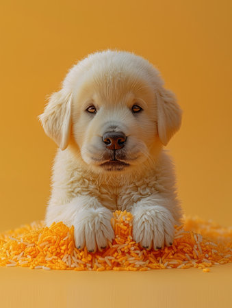 Adorable Fluffy Golden Retriever Puppy Surrounded by a Pile of Shredded Cheese against a Bright Orange Background High Quality Cute Dog Photo for Animal Lovers and Pet Enthusiasts AI Generativeの素材