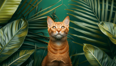 Stunning Orange Cat Against Lush Greenery Captivating Image of a Ginger Feline Surrounded by Vibrant Tropical Leaves Perfect for Animal Lovers and Nature Enthusiasts Alike AI Generativeの素材
