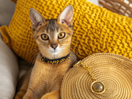 Elegant Abyssinian Cat with Stylish Beaded Collar Relaxing on Cozy Yellow Knit Pillow and Hat AI Generativeの素材