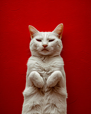 Relaxed White Cat Lying on Back Against Red Background, Calm and Content Feline in a Relaxing Pose, Adorable Pet Photography, Minimalist Animal Art, Peaceful and Serene Cat Moment Captured AI Generativeの素材
