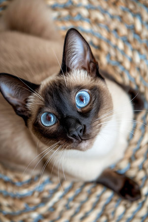 Stunning Siamese Cat with Striking Blue Eyes Sitting on Woven Rug, Close Up View of Beautiful Feline with Unique Coloration, Focused and Curious Expression, Perfect Pet Portrait Photography AI Generativeの素材