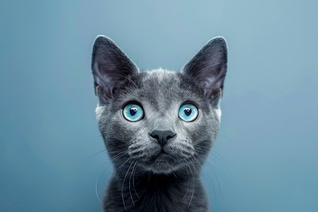 Captivating Blue Eyed Grey Cat Portrait Against Blue Background A Mesmerizing Feline with Stunning Eyes and Flawless Fur in High Resolution Perfect for Cat Lovers and Pet Enthusiasts AI Generativeの素材