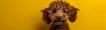 Adorable Brown Poodle Puppy with Curly Fur Posing Against a Bright Yellow Background, Capturing Heartwarming Expressions in Portrait Style AI Generativeの素材