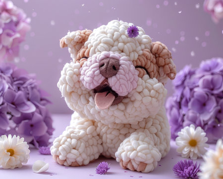 Adorable Fluffy Puppy with Flowers, Cute Handmade Plush Toy, Soft Cuddly Pet Sculpture, Pastel Purple and White Decoration, Perfect Gift for Kids and Dog Lovers, Whimsical Animal Art AI Generativeの素材
