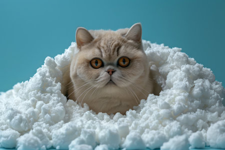 Adorable fluffy cat sitting in a snow like setting with a pastel blue background, showcasing its round face and captivating amber eyes, evoking a sense of winter wonderland charm and cozy feline warmth AI Generativeの素材