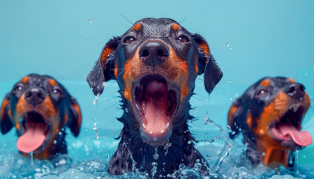 Enthusiastic Doberman Pinschers Splash and Play in Refreshing Blue Pool Joyful and Energetic Dogs Having Fun in Water AI Generativeの素材