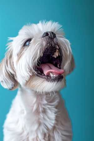 Happy Fluffy White Dog Yawning With Mouth Open Against Blue Background Cute Pet Portrait AI Generativeの素材