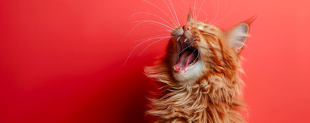 Ginger cat yawning against a vibrant red background in close up photography, capturing the detailed expression and stunning whiskers of the adorable feline in mid yawn for a striking visual experience AI Generativeの素材