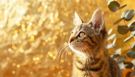 Beautiful Tabby Cat Posing Against Golden Glitter Background with Green Leaves and Warm Lighting Adorable Feline Animal Photography for Cards, Posters, and Art Decor AI Generativeの素材