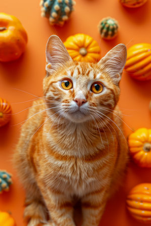 Adorable Ginger Cat Surrounded by Miniature Pumpkins and Cacti on Vibrant Orange Background Perfect for Autumn and Halloween Themed Decor and Cards Cute and Festive Pet Photography AI Generativeの素材