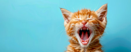 Cute Orange Kitten with Yawning Expression Against Blue Background, Adorable Cat with Open Mouth in a Bright Mood, Playful Little Feline, Cheerful Pet in a Happy Environment, Sweet Animal Moment AI Generativeの素材