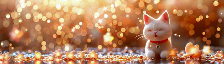 Adorable White Kitten Sitting in a Sparkling Golden Sunrise, Surrounded by Warm Sunlight and Glittering Bokeh AI Generativeの素材