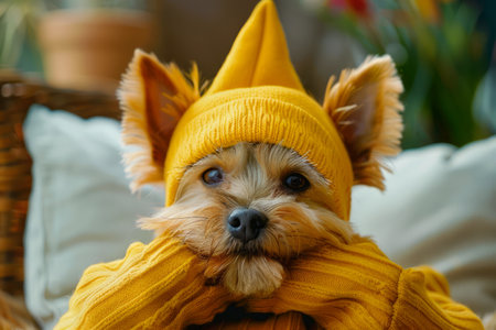 Adorable Yorkie Puppy Dressed in Cozy Yellow Sweater and Matching Hat Relaxing on Sofa, Perfect for Pet Lovers, Canine Fashion, and Cute Dog Photos, Ideal for Home Decor and Dog Accessory Promotions AI Generativeの素材