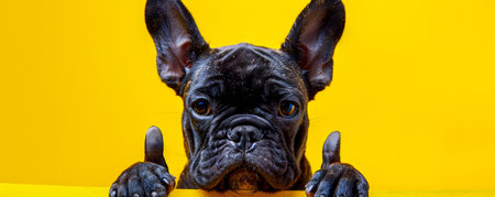 Adorable Black French Bulldog Puppy Posing in Front of Bright Yellow Background with Paws Up, Playful and Curious Dog Expression, Cute Canine Pet Photography, Perfect for Posters and Dog Lovers AI Generativeの素材