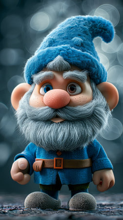 Adorable Cartoon Gnome in a Blue Hat with Bushy Beard Standing in a Forest with Bokeh Background, Whimsical Art Illustration for Children&#39;s Stories and Fantasy Themes AI Generativeの素材