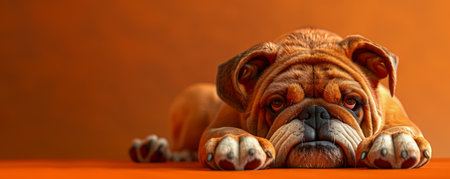 Adorable English Bulldog Puppy Resting on Orange Background High Resolution Image of Cute Dog Relaxing AI Generativeの素材