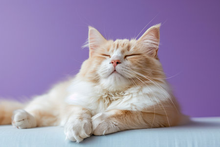 Content and Relaxation Adorable Long Haired Orange Cat with Closed Eyes against a Purple Wall Enjoying a Peaceful Moment on a Comfortable Sofa AI Generativeの素材