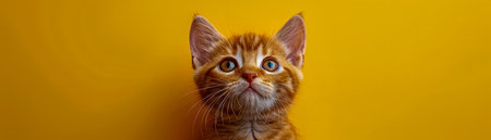 Adorable Orange Kitten Looking Up Against a Vibrant Yellow Background Cute Feline Portrait with a Bright and Cheerful Ambiance, Perfect for Animal Lovers and Cat Enthusiasts AI Generativeの素材
