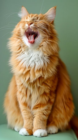 Majestic Orange Maine Coon Cat with Fluffy Fur Yawning on Green Background Cute Feline Moment Captured in Stunning Detail AI Generativeの素材