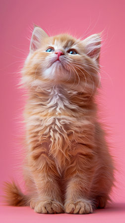 Adorable Fluffy Orange Kitten with Blue Eyes Sitting on Pink Background Looking Up Cute Feline Pet Photography AI Generativeの素材