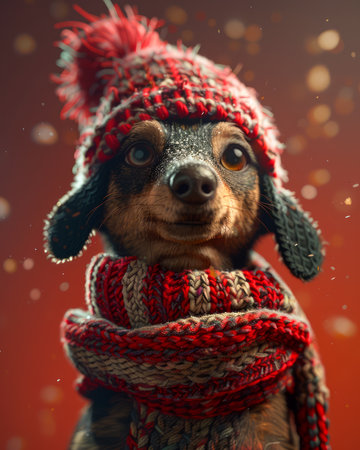 Adorable Dog in Winter Hat and Scarf with Snowflakes, Cute Pet Portrait, Fluffy Puppy in Festive Warm Clothes, Cozy Holiday Season, Winter Wonderland, Christmas Pet Photo, Cute Animal in Snow AI Generativeの素材