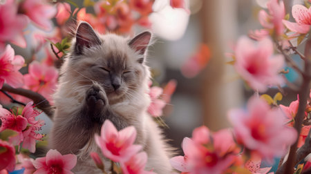 Adorable Fluffy Kitten Posing Among Pink Cherry Blossoms on a Spring Day with Beautiful Soft Light and Delicate Petals AI Generativeの素材