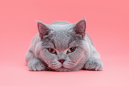 Adorable British Shorthair Cat with Gray Fur Relaxing on a Pink Background, Close up of Charming Feline with Green Eyes, Pet Photography for Animal Lovers, Cute and Peaceful Expression AI Generativeの素材