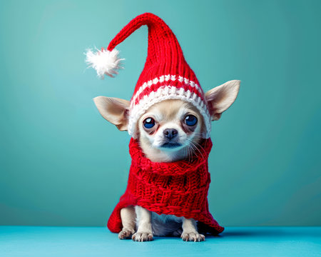 Adorable Chihuahua Dressed in a Red Knitted Sweater and Santa Hat Posing on a Blue Background Festive and Cute Holiday Pet Photography AI Generativeの素材