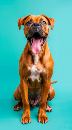 Bright and Happy Boxer Puppy Sitting on Turquoise Background with Tongue Out, Adorable Dog Portrait, Playful Pet Expression, Cute Canine, Vibrant Colors, Pet Photography, Animal Companionship AI Generativeの素材