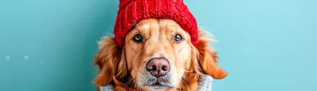 Adorable Golden Retriever in a Red Knitted Hat Against a Blue Background Cute Pet, Cozy Winter Style, Dog Fashion, Charming Puppy Photography, Festive Pet Portrait, Warm and Furry Friend AI Generativeの素材