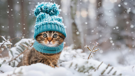 Adorable Kitten in a Blue Knitted Hat Surrounded by Snowflakes in a Winter Forest Wonderland AI Generativeの素材