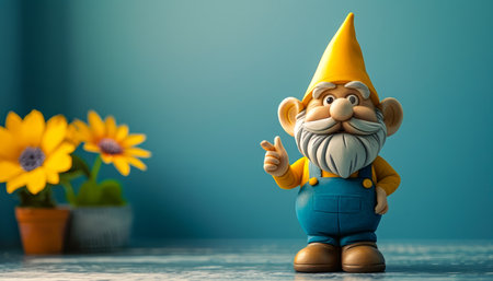 Charming Garden Gnome with Yellow Hat and Overalls Standing Next to Potted Sunflowers in Bright and Cheerful Indoor Setting AI Generativeの素材