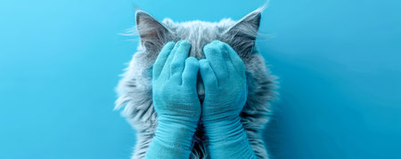 Cute Gray Cat Covering Face with Front Paws on Light Blue Background Surprised or Shy Feline Pet with Adorable Expression Playful Kitten in Close up Photo for Animal Lovers and Pet Enthusiasts AI Generativeの素材