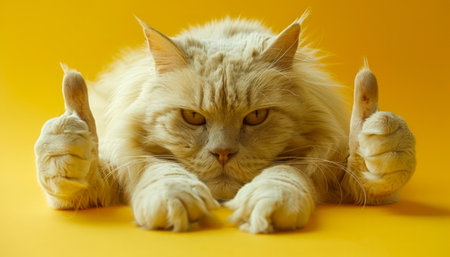 Playful Maine Coon Cat Giving Double Thumbs Up on Vibrant Yellow Background Expressive Feline Showing Cute Paw and Claw Pose Adorable Cat Thumbs Up Image for Pet Lovers and Cat Enthusiasts AI Generativeの素材