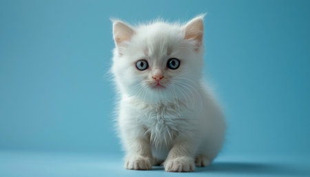 Adorable Fluffy White Kitten with Blue Eyes Sitting on Blue Background Cute Cat Portrait Furry Pet Photography for Animal Lovers and Cat Enthusiasts AI Generativeの素材