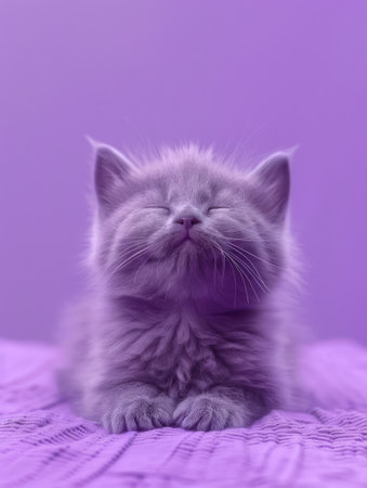 Adorable Fluffy Kitten Resting on Purple Blanket with Content Expression and Soft Fur Highlighted Against Violet Background AI Generativeの素材