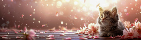 Adorable Fluffy Kitten Sitting Amongst Vibrant Pink Flowers with Sunlight and Bokeh Effect in a Serene Outdoor Setting, Capturing the Essence of Nature and Cuteness AI Generativeの素材