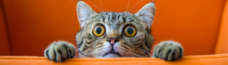 Curious Cat Peeking Over Orange Cushion With Wide Eyes, Adorable Feline Expression, Close Up Photography of Striped Kitten, Playful Domestic Pet in Cozy Indoor Setting, Cute and Funny Pet Moments Captured AI Generativeの素材