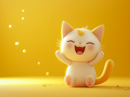 Adorable Happy Cartoon Cat Cheerful Cute Kitten Animated Art with Yellow Background and Joyful Expression Perfect for Children, Pet Lovers, and Brightening Spaces AI Generativeの素材
