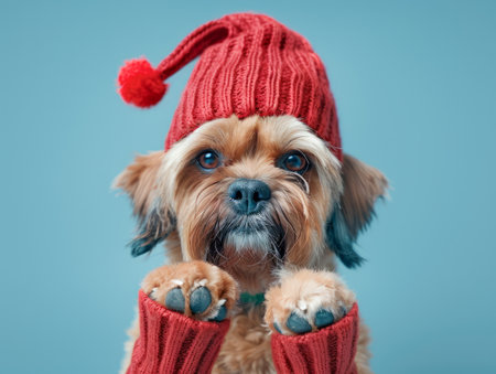 Adorable Small Dog Wearing a Red Knitted Hat and Cozy Mittens, Cute Pet Portrait with Seasonal Winter Accessories on Blue Background, Festive Holiday Theme, Fluffy Canine Friend in Warm Attire AI Generativeの素材