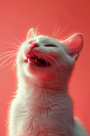 Adorable White Cat Laughing with Joy in Beautiful Soft Focus Pink Background, Highlighting Whiskers and Happy Expression, Perfect for Pet Lovers and Animal Enthusiasts, Capturing Whimsical and Playful Moments AI Generativeの素材