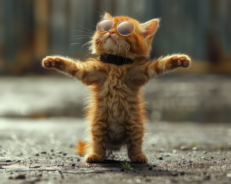 Adorable Orange Tabby Kitten Standing on Hind Legs Wearing Sunglasses Outdoors on a Sunny Day, Cute Feline with Paws Extended Upward, Charming Ginger Cat in a Playful Pose, Funny Pet Moment Captured Perfectly AI Generativeの素材