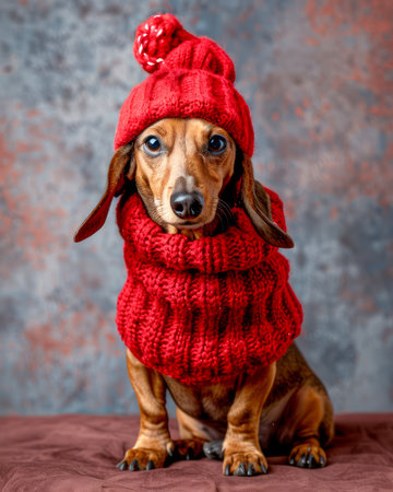 Adorable Dachshund Dog in Red Knit Hat and Scarf Posing Against Artistic Background Cute Pet Photography for Holiday Season Greetings, Family Cards, and Festive Decorations AI Generativeの素材