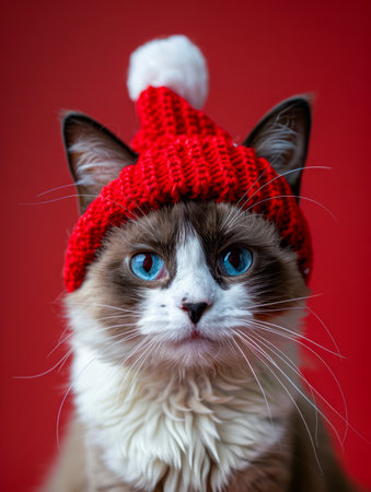 Adorable Cat Wearing Festive Red Knit Hat with White Pom Pom on Vibrant Red Background Cute Feline Portrait for Holiday and Christmas Themes Pets in Winter Accessories Happy Christmas Cat AI Generativeの素材