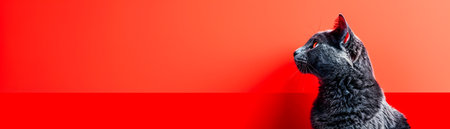 Majestic Black Cat Posing Against a Bold Bright Red Background with Intense Expression and Piercing Eyes, Embracing the Contrast of Dark Fur and Vibrant Colors for a Stunning Visual Impact and Artistic Effect AI Generativeの素材