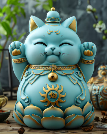 Adorable Smiling Maneki Neko Cat Figurine with Raised Paws and Golden Accents for Good Luck and Fortune in Feng Shui Decor AI Generativeの素材