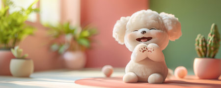 Adorable Fluffy Puppy with Happy Smile Sitting on Carpet in Bright Room with Potted Plants by Window, Cute Pet Photography Background AI Generativeの素材