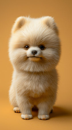 Adorable Fluffy Pomeranian Portrait on Light Brown Background with Cute Expression and Soft Fur AI Generativeの素材